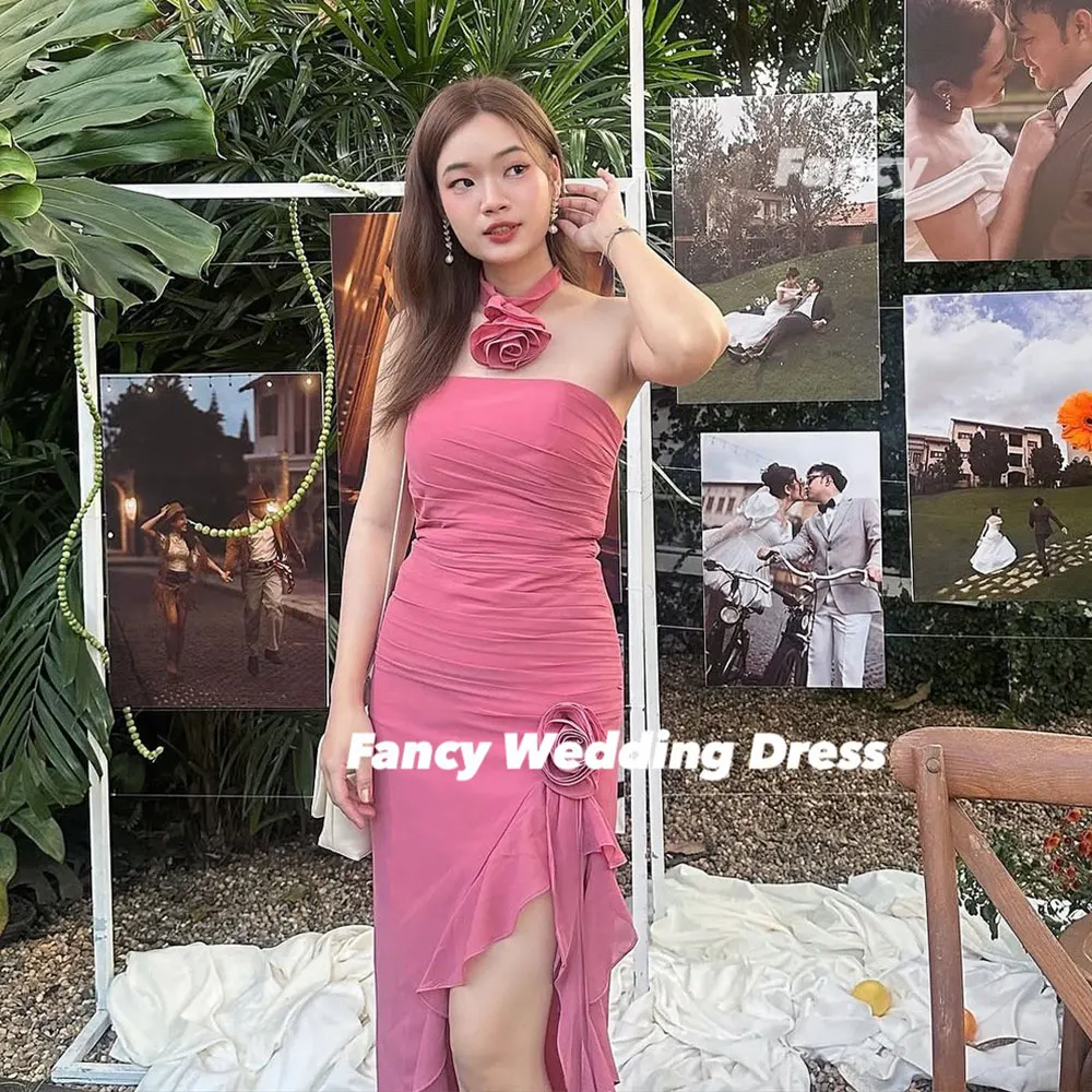 

Fancy Simple Rose Red Evening Dress Mermaid Korea Women Prom Gown Photo Shoot Soft Chiffon Back Corset Customized