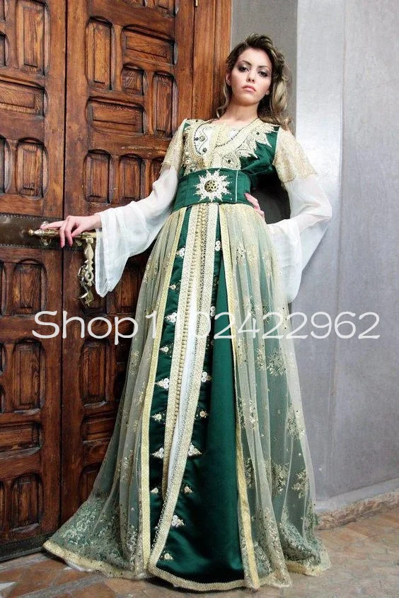 Hunter Green Caftan Marocain Prom Occasion Dresses Long Sleeve Muslim Takchita Lace Applique Beaded Evening Gown Outfit