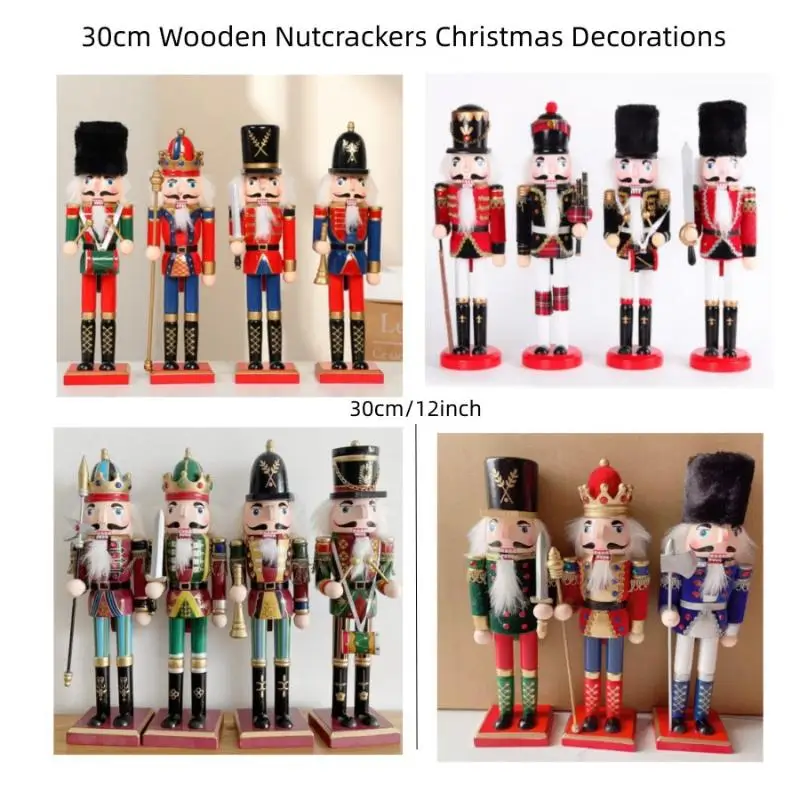 30CM Wooden Nutcracker Soldier, One Piece, Classic Cartoon Christmas Ornament for Table Decor