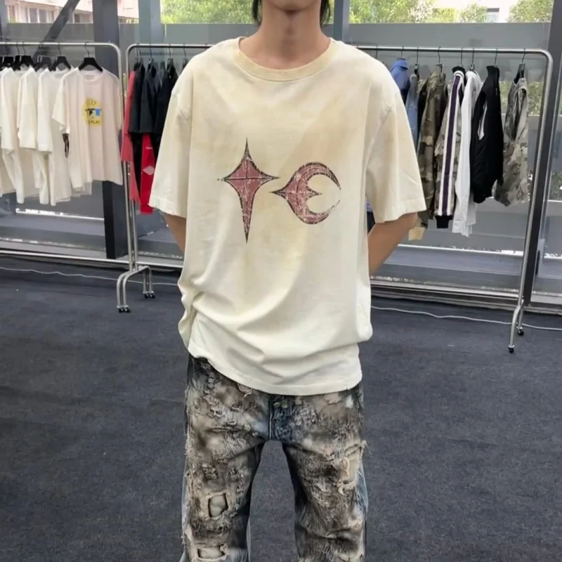 2026 New Style THUG CLUB Star Moon Spray Painted Washed Distressed Loose Unisex Short Sleeve T-Shirt Cleanfit Cotton Crew Neck