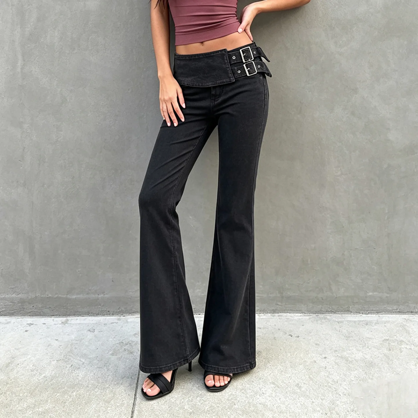 retro style metal buckle low waist slimming elastic flared jeans fashionable and versatile commuting long pants