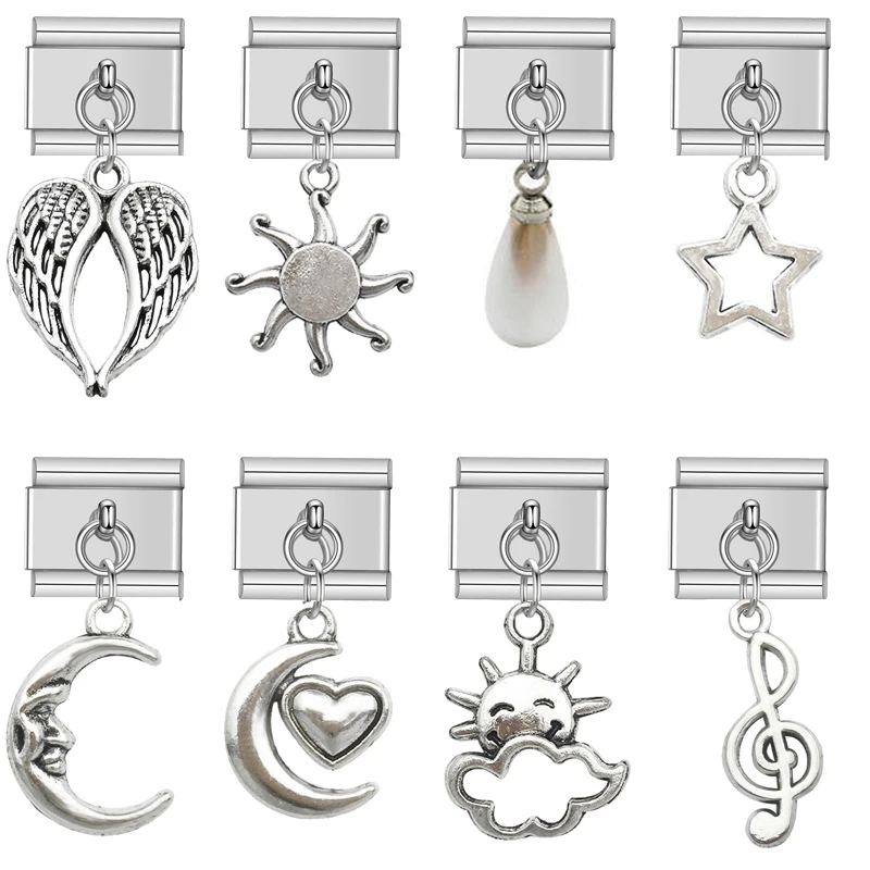 Stainless Steel Star Crescent Heart Moon Sun Cloud Italian Bracelets Charms Kit Links Accessories Fit 9mm DIY Jewelry Accessorie