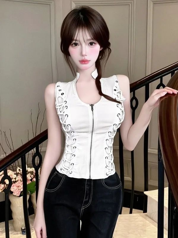 Bla Punk Sle Zipper Vest Slim Fit Base Layer Top Sexy Ro Strap Trendy loween Costume Women's Faion Inner Wear