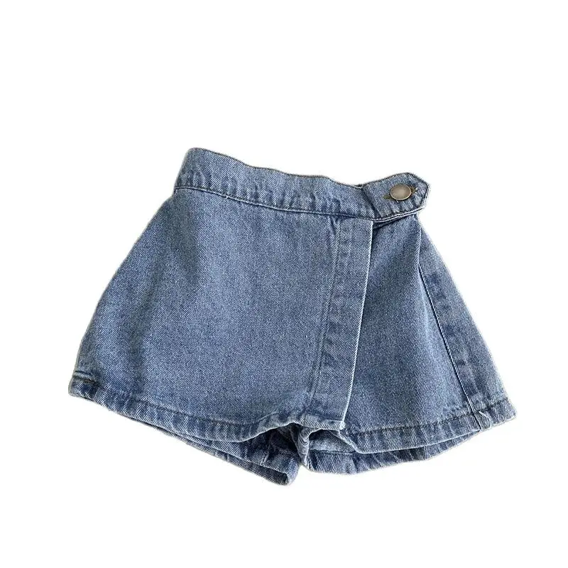 Korean Fashion New Summer Kids Girl Skirt Shorts Solid Elastic Waist Button Soft Denim Culotte Children Versatile Clothing