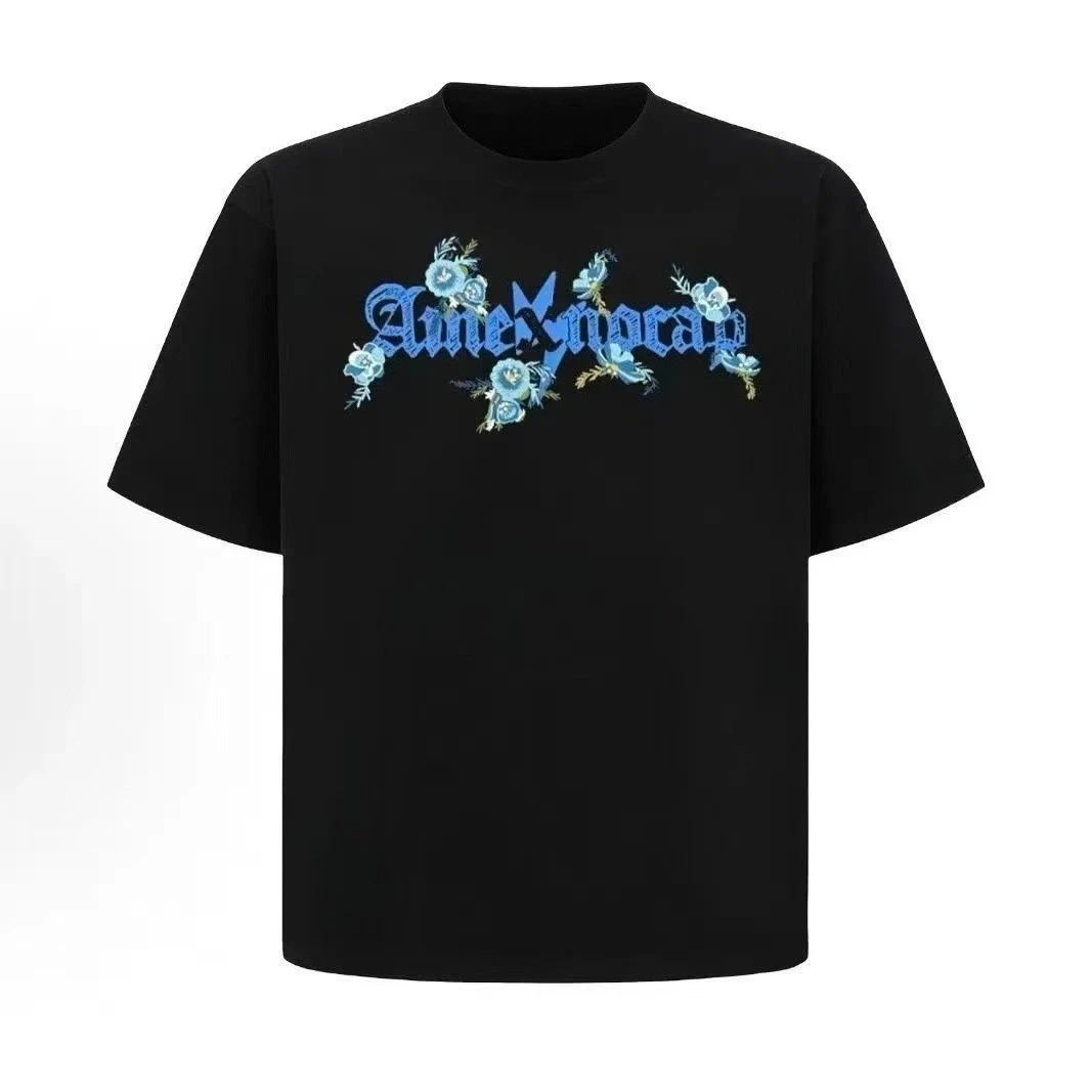 2026 Gothic Font Blue Floral Letter Graphic T Shirt Men Women Oversized Crew Neck Front Print Street Casual Short Sleeve Tee Top