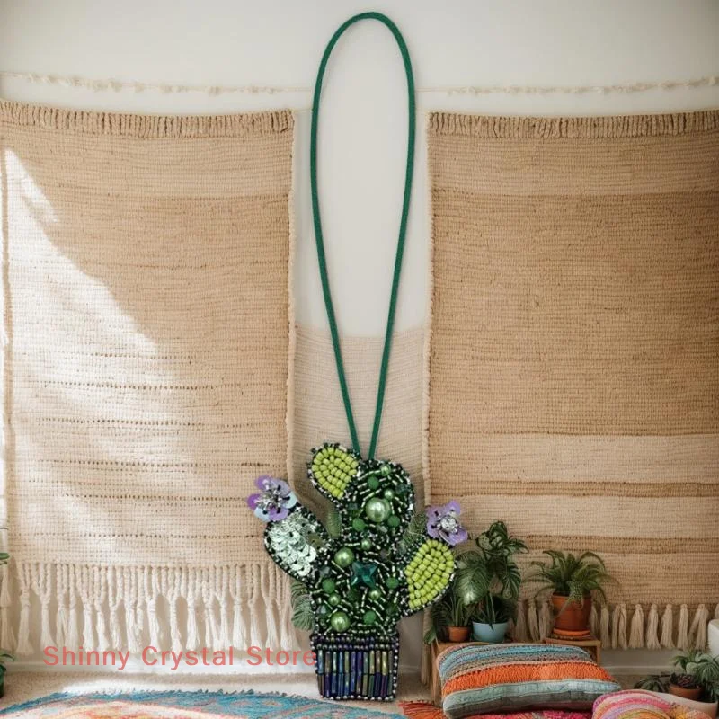 ثلاثية الأبعاد اليدوية حجر الراين مطرز الصبار بوعاء النبات مطرز حبل معلق بقع كريستال حقيبة الحبل التصحيح الديكور زين التصحيح