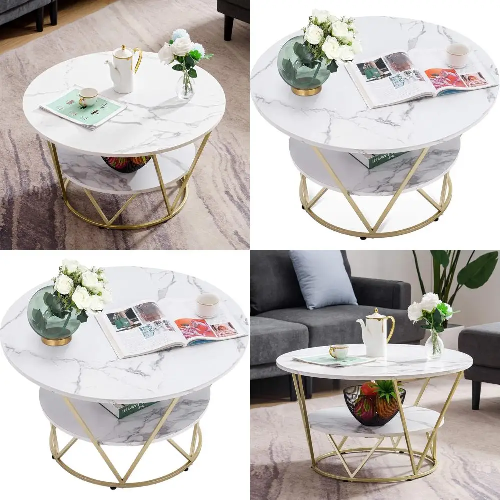 

Круглый белый двухуровневый журнальный столик с полкой для хранения для гостиной
