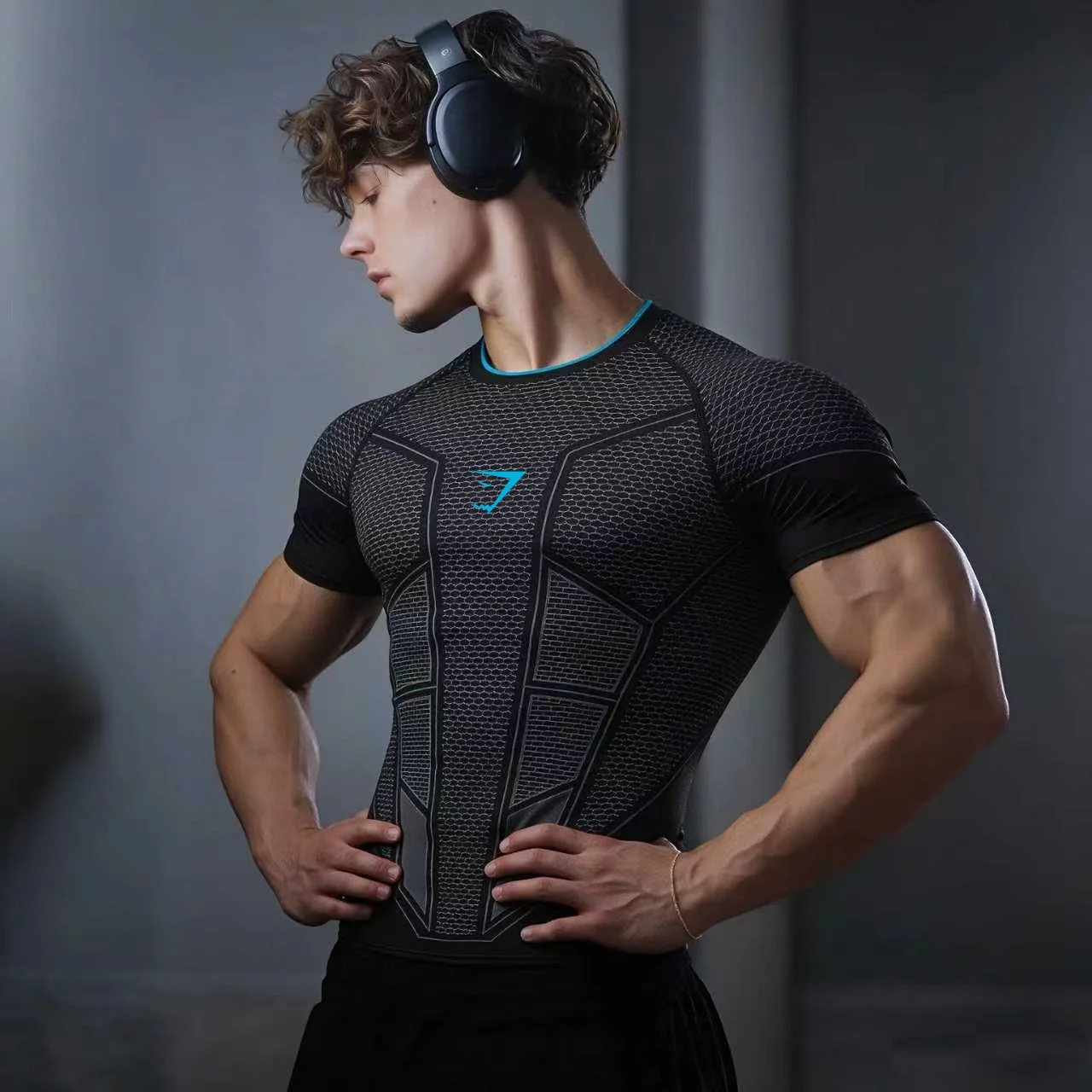 GYMSHARK ONYX V1 Men's Fitness Tight Top, GYMashaCK Fitness Sports Body Shaping T-shirt