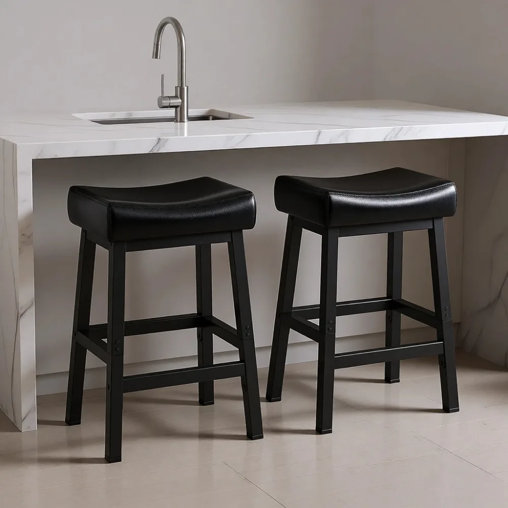 

Backless Counter Height Stools Set of 2 Matte Black Metal Legs Padded Faux Leather Kitchen Island Chairs