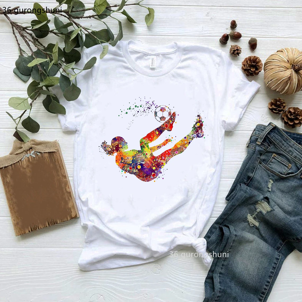 Funny Fashion Watercolor Painting Football Sports T Shirt Soccer Girls Women Clothes Female Clothing Short Sleeve 90s Tees Tops