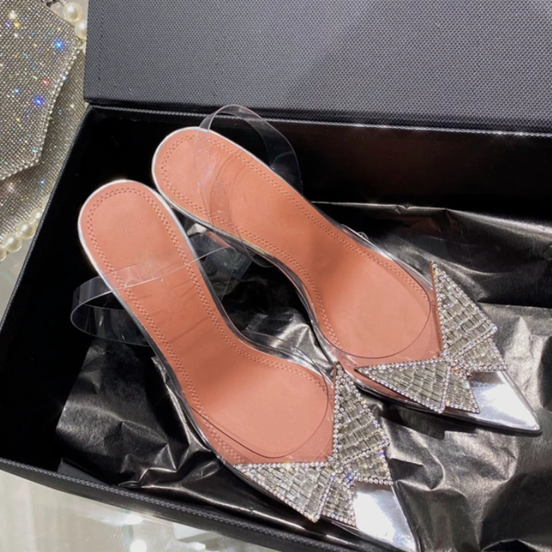 2023 Spring and Summer New Butterfly Crystal Diamond Buckle PVC Pointed Open Toe Mid-high Heel Women Sandals