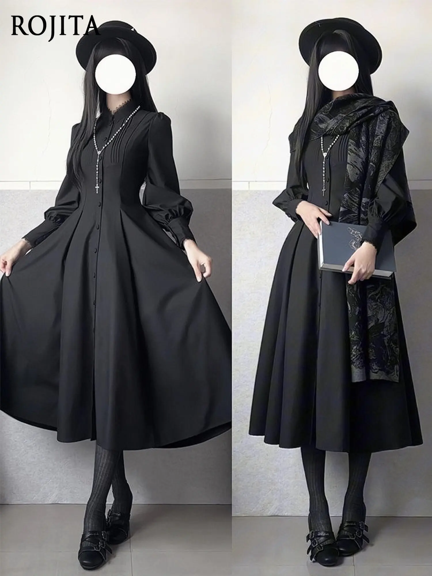 

Japanese Elegant Goth Nun Style Black Lolita Dress Puff Sleeve High Waist A-Line Long Dress Soft Girl Black Lolita OP