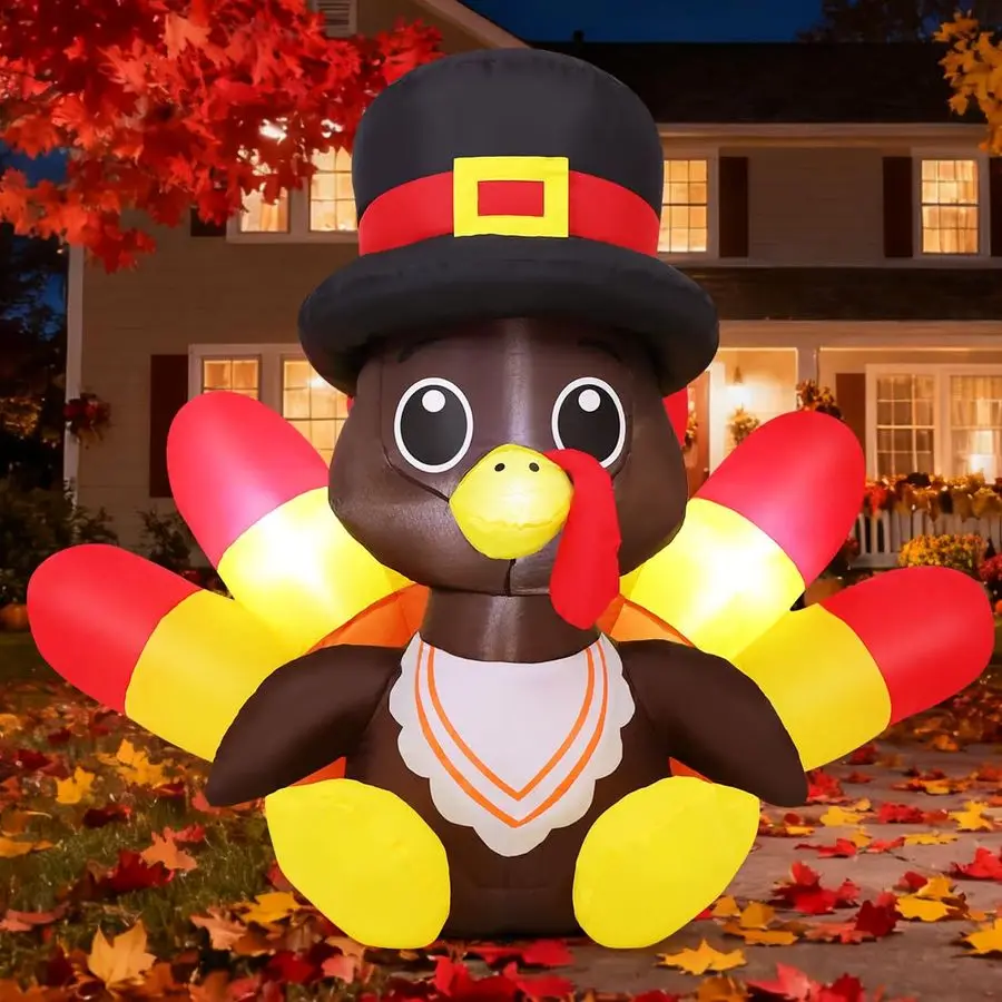 

5.4 FT Long Thanksgiving Inflatables Turkey Outdoor Decorations Blow Up Yard Turkey with Neckerchief with Builtin LEDs for Indoo