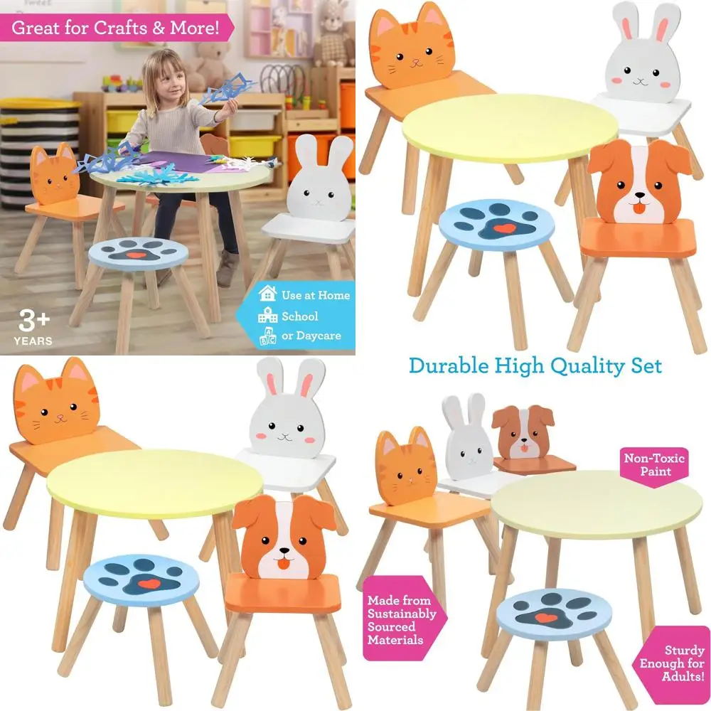 

Wooden Animal Play Table with 4 Chairs and Adult Stool for Kids, Perfect for Arts, Crafts, and Playtime - Toddler Christmas Gift