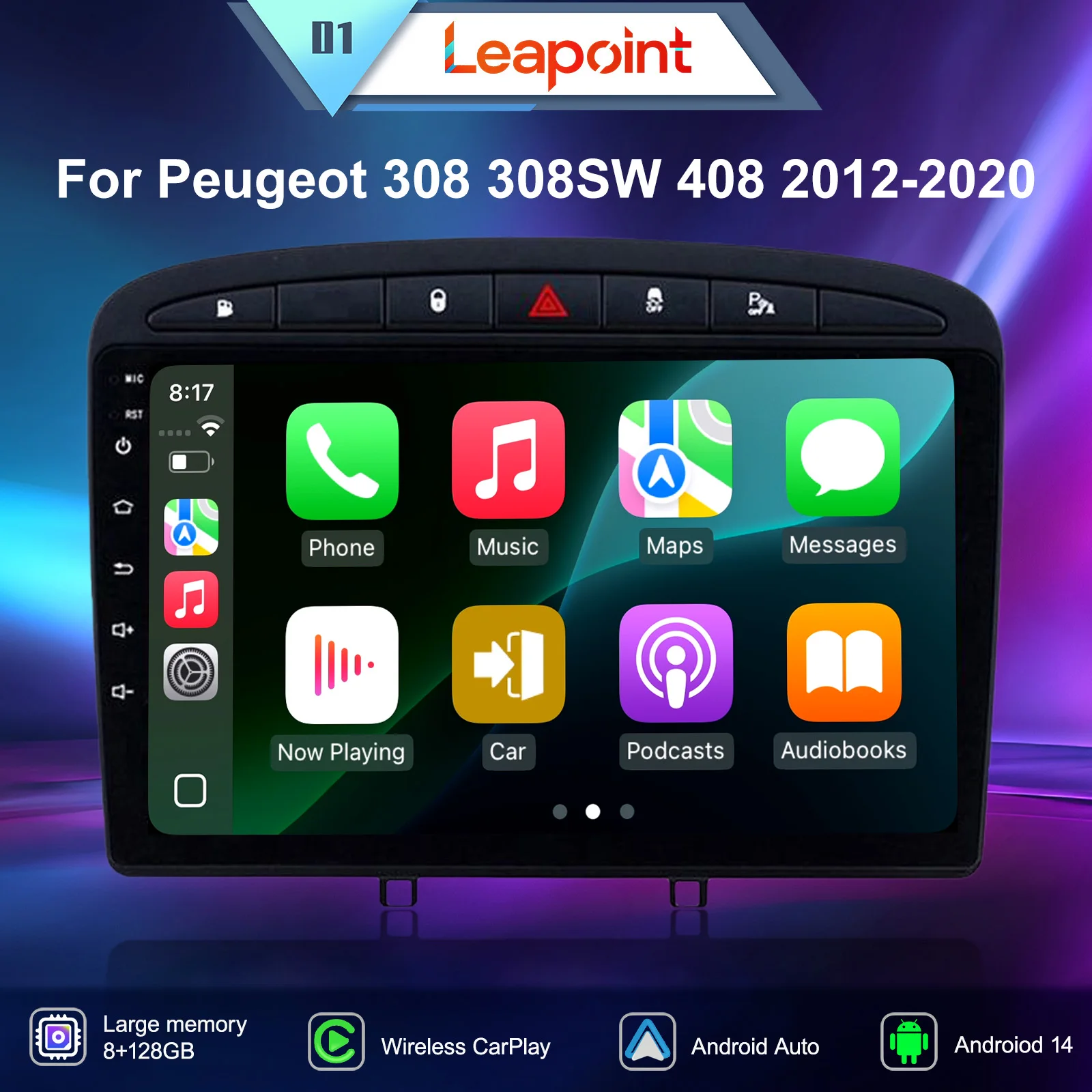 

Leapoint Wireless CarPlay Android 14 Auto Car Radio For Peugeot 308 308SW 408 2012-2020 GPS Navigation 4G Multimedia Player 2Din