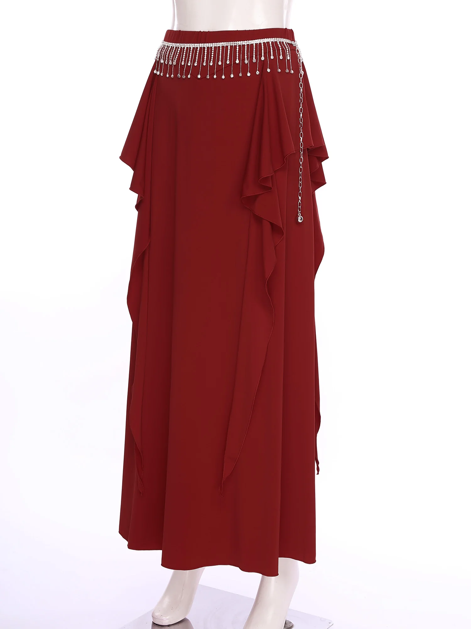 Gonna lunga da danza del ventre da donna con frange di strass, catena in vita, volant a cascata, gonna con spacco laterale per danza orientale, abbigliamento da ballo popolare