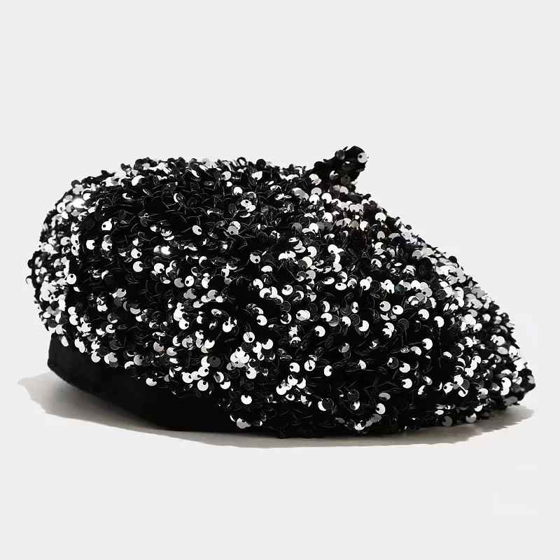 Women Beret Hat  Sequins French Style Beanie Cap Adjustable Fashion Shimmer Hat for Girls Ladies