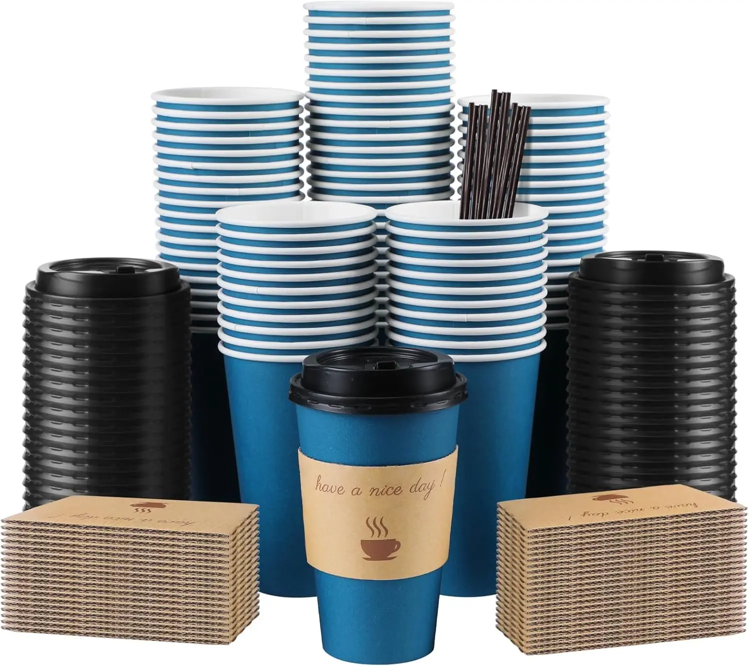

100 Pack 16 oz Coffee Cups with Lids, Disposable To Go Paper Coffee Cups with Sleeves and Stirring Sticks for Hot/Cold D