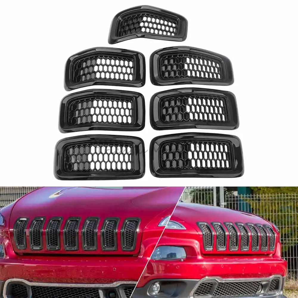 

7Pcs Glossy Black Front Honeycomb-Mesh Grill Grille Insert Trim Ring Cover For Jeep Cherokee 2014 2015 2016 2017 2018