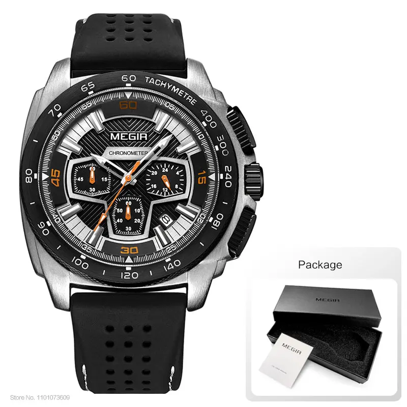 Megir Males Mens Chronograph Sport Watches with Quartz Movement Rubber Band Luminous Wristwatch for Man Boys 2056G-1N0