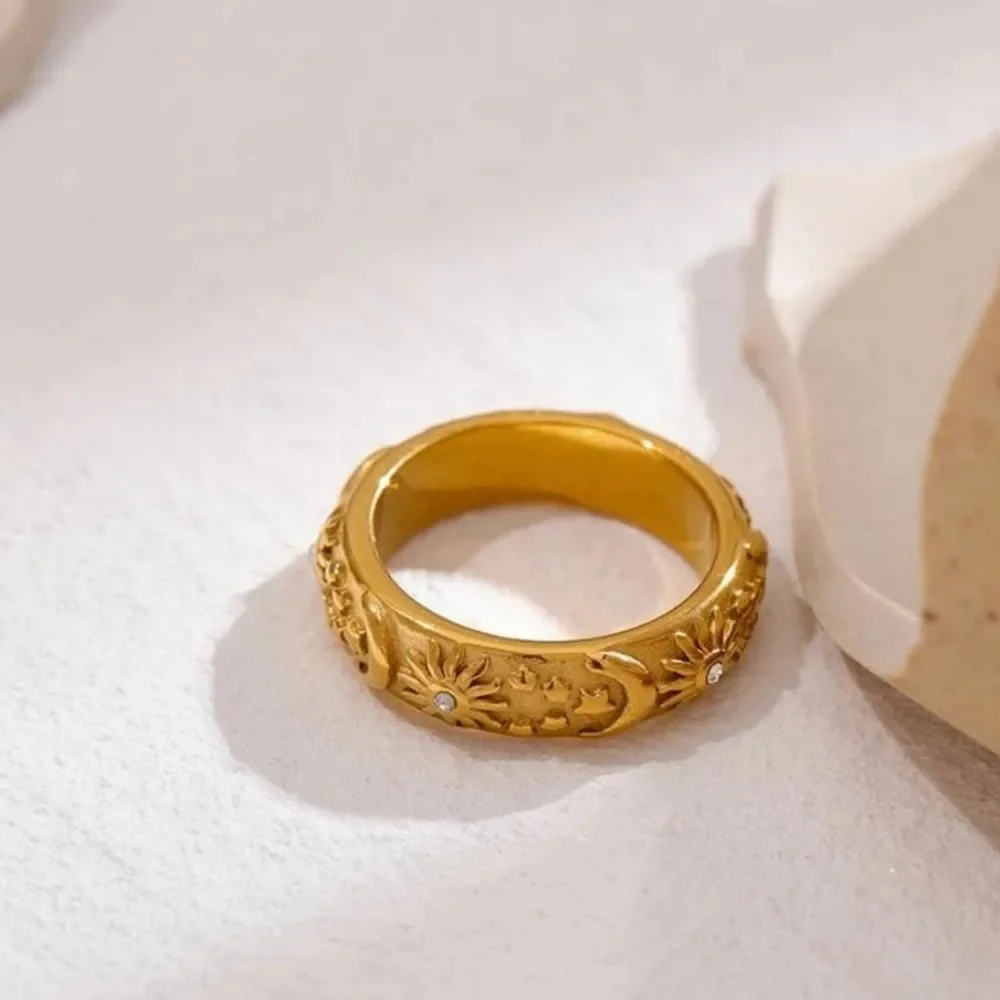 Mariasz الحد الأدنى الفولاذ المقاوم للصدأ خمر الذهب اللون مكتنزة نجوم القمر الشمس محفورة السماوية قبة خواتم مجوهرات للنساء #3