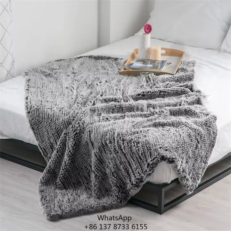 Custom Double Sided Fluffy King Size Bed Blanket Knitted Rex Rabbit Fur Blanket Bed Cover Throw