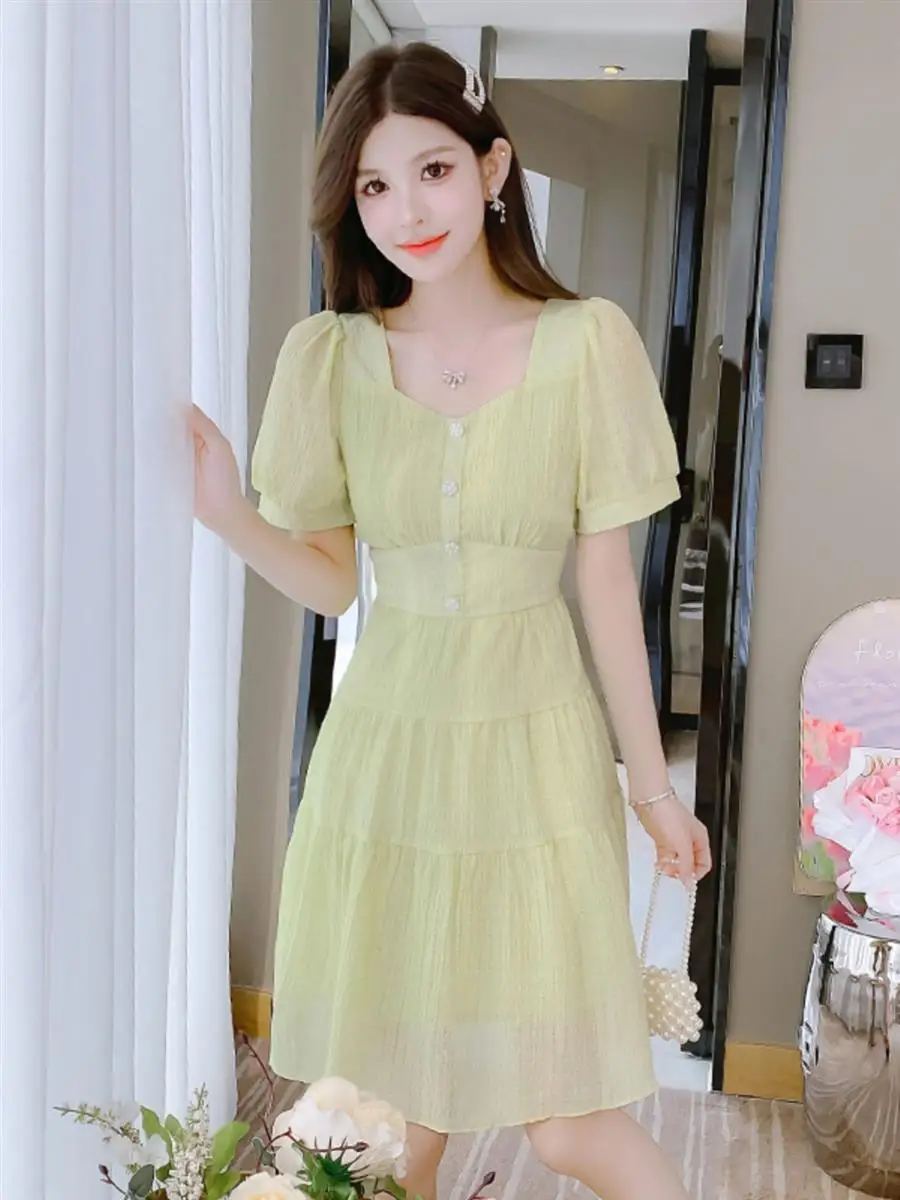 Robe trapèze en mousseline de soie pour femmes, manches courtes, Unique et belle, moulante à la taille et amincissante