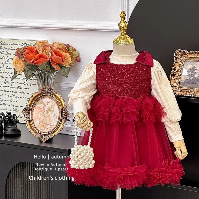 

Girls' Dress2024Winter Red New Style Fleece-lined Warm New Year Clothes Super Fairy Children Princess Dress Two-Piece Set