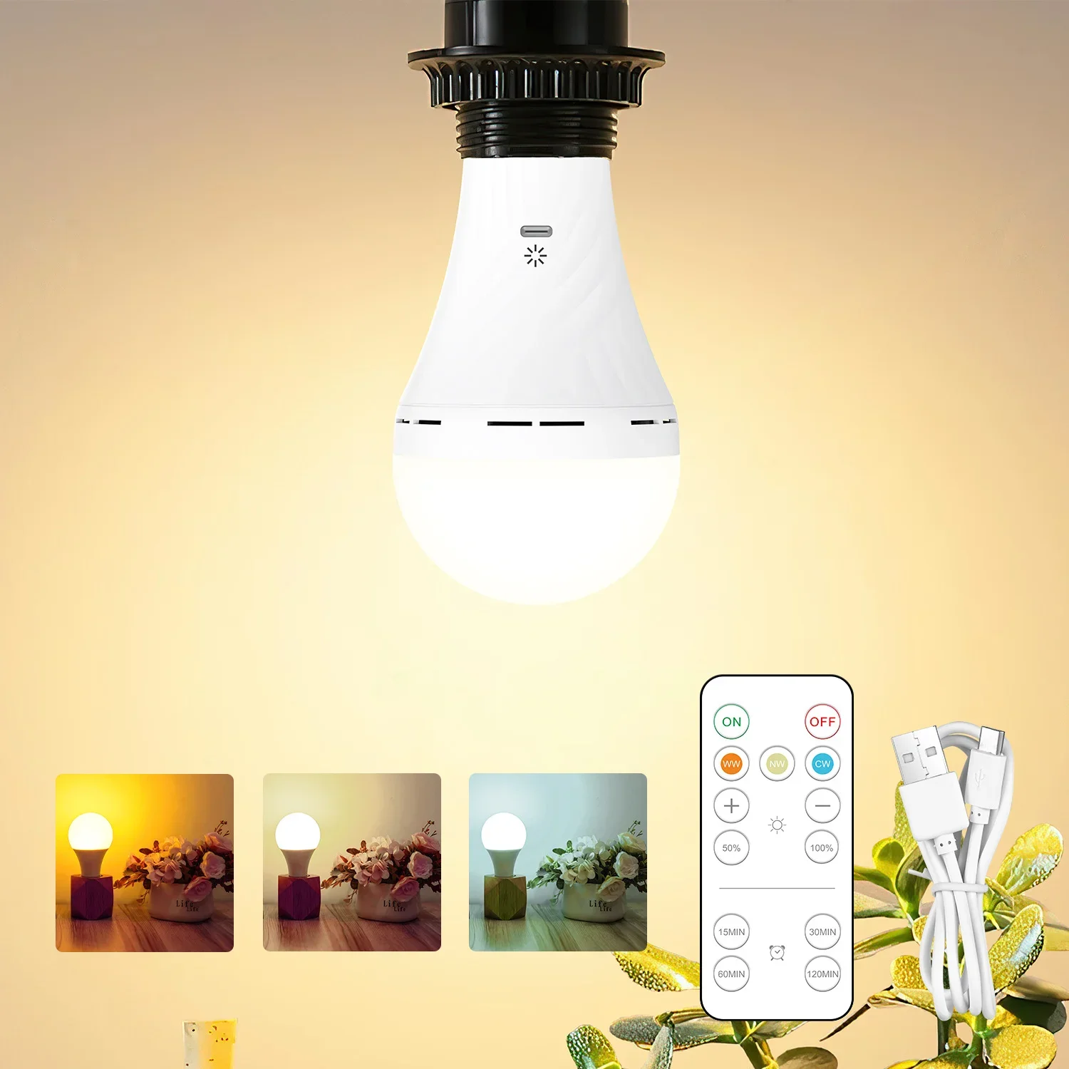 Dimmable E27 5V USB Type-C Rechargeable A60 3 Colors LED Globe Bulb Light Lamp Emergency tentlight Touch Remote Control Timing