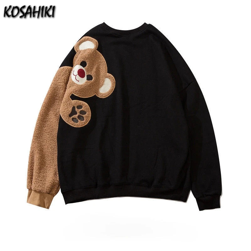 KOSAHIKI Cute Bear Patch Crew Neck Sweatshirt Women 2024 Spring Autumn New Hoodies Couple Unisex Korean Streetwear Tops