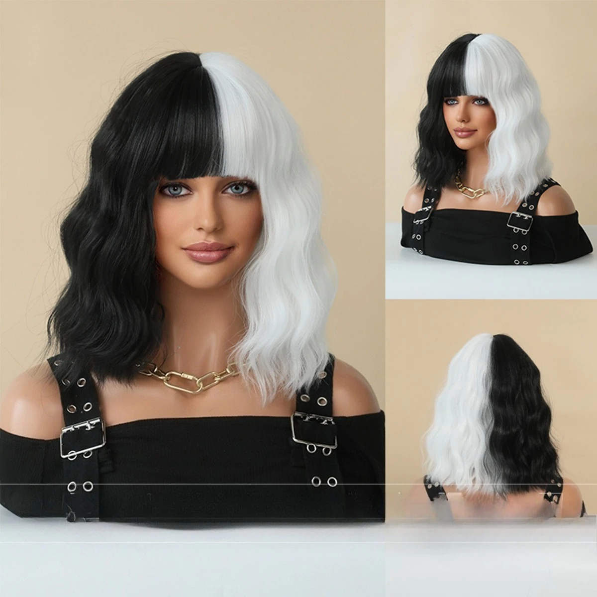 

Short Curly Hair High Quality Cruella Kuila Black and White Wig Cover