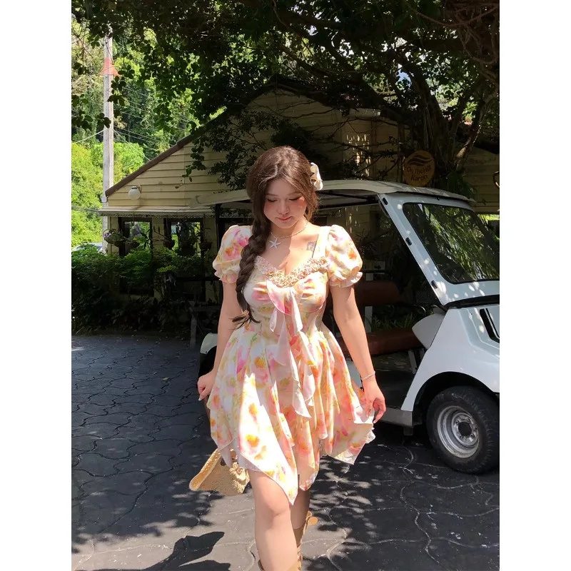 2025 sommer Mode Temperament Floral Spitze Trim Ärmelloses Kleid Plus Größe Frauen Urlaub Maxi Rock Blumen Druck Kleid