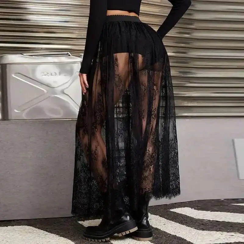 セクシーな刺繍レースシアーメッシュスカート女性春かぎ針編みシースルー安全ズボン夏 A-E ジャカードスカート