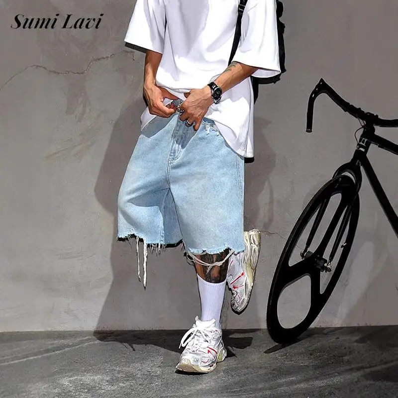 Streetwear Vintage Mens Denim Shorts Casual Loose Straight Jean Bottoms For Men Spring Summer Hip Hop Baggy Ripped Denim Shorts
