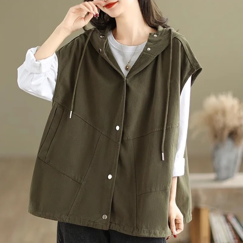 #5136 Spring Autumn Hooded Vest Waistcoat Women Loose Vintage Short Vest Coat Cotton Retro Outerwear Vest Cardigan Solid Color