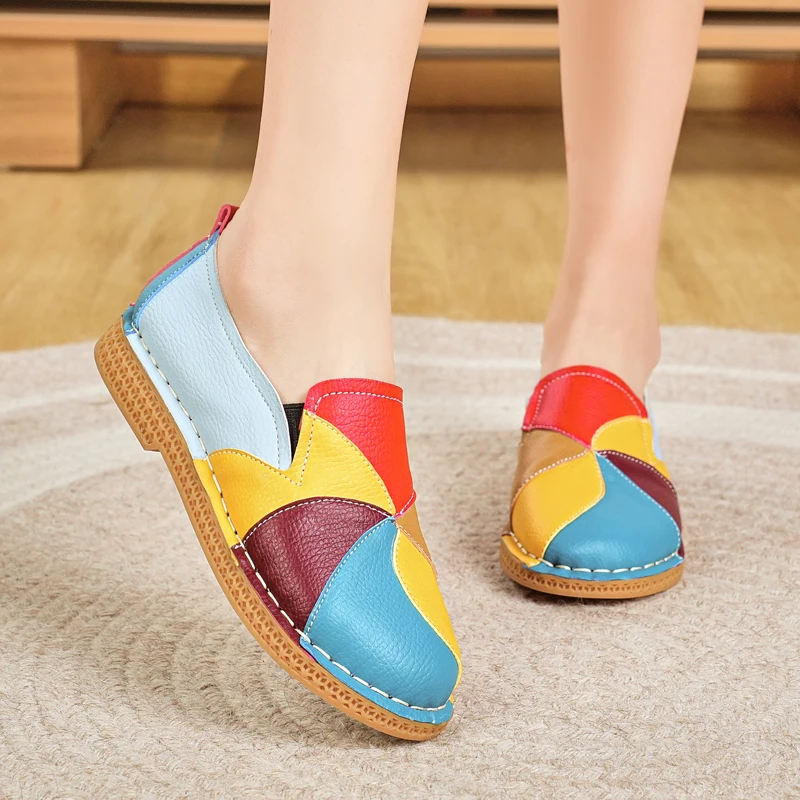 Women's Loafers Casual Mothers Shoes Retro Flats Mixed Color Round Toe Soft Bottom Non-Slip