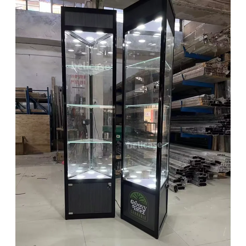 Custom. cheap boutique jewelry watch shop furniture glass cabinet with LED lights smoke shop aluminum frame glass corner showcas