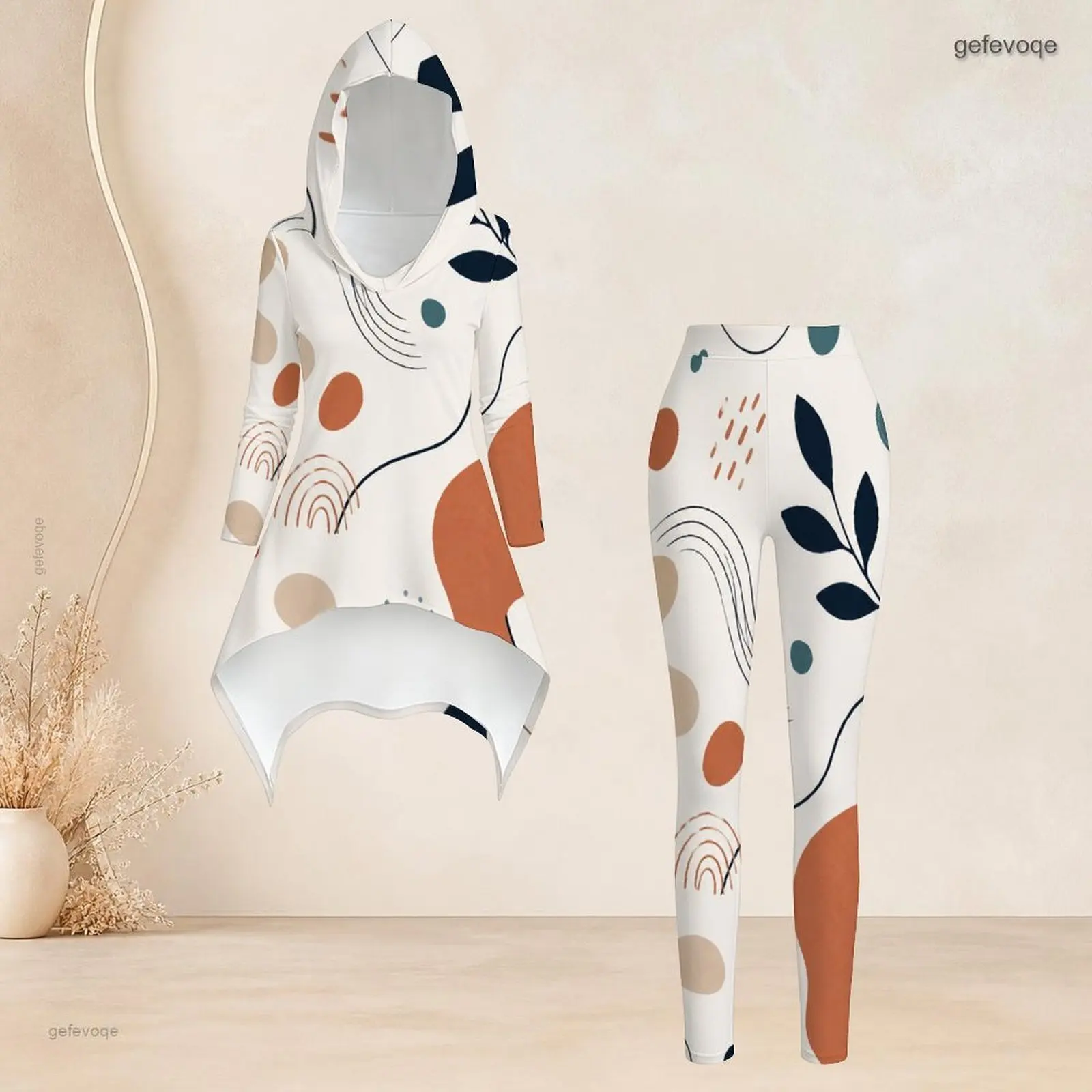 Women Abstract Geometric Leaf Printed Hooded Asymmetric Long Sleeve Top and Fitted Leggings Two Piece Set