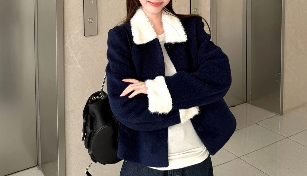 Gentle Wind Splicing Lamb Wool Collar with Cotton Thickened Coat for Women's Autumn and Winter Style Versatile Top