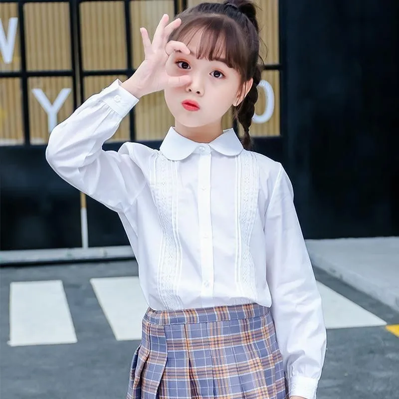 Girls long-sleeve white shirt spring and autumn style suitable for elementary school children trendy and versatile white blouse
