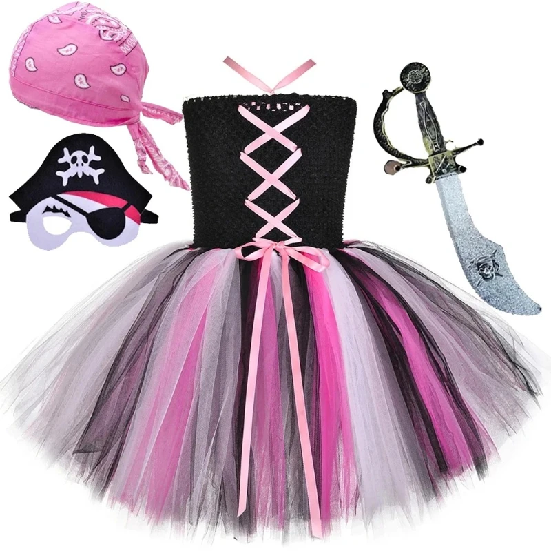 Pink Pirate Tutu Costume Strapless Crisscross Bodice Layered Pink Black White Tulle Skirt Bandana Eye Patch Party Cosplay Outfit