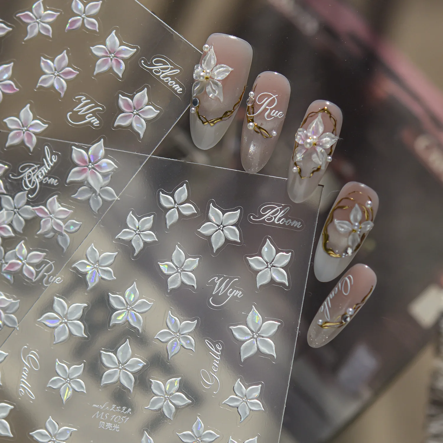 5D Gradient Pink Floral Nail Sticker Shell Glitter Semi-Transparent Flower Nail Charm Stickers Self-Adhesive Nail Art Decoration