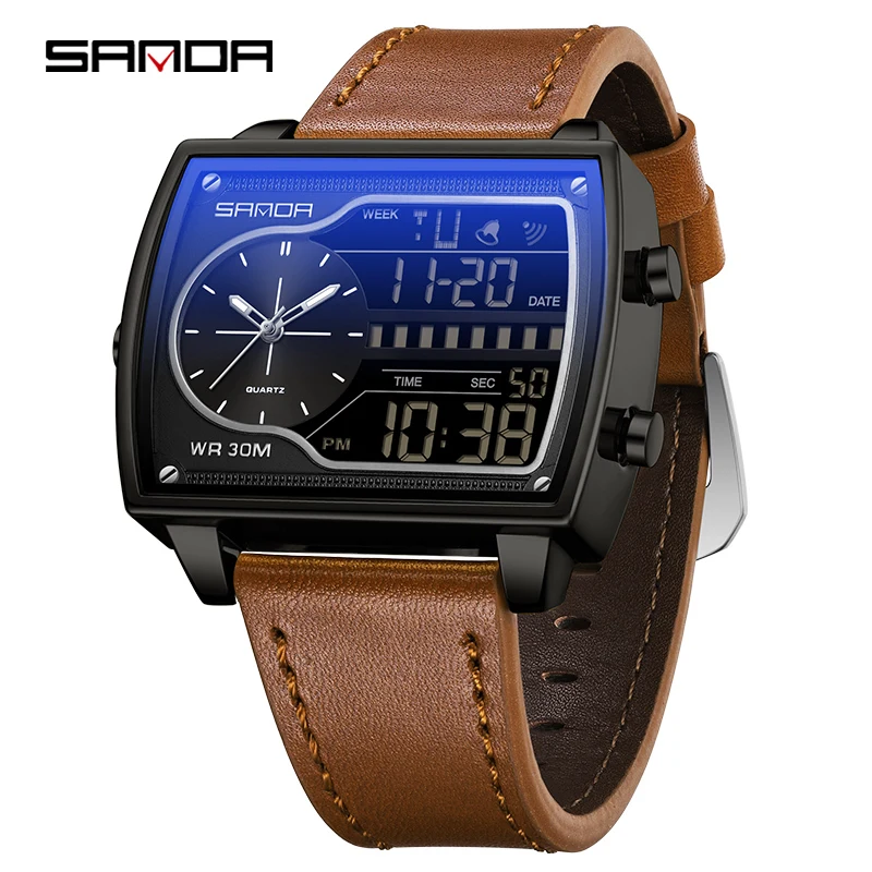 SANDA 6163 New Men Digital Electronic Quartz Leather Watch Coundown Sports Watches Dual Display Wristwatch Relogio Masculino