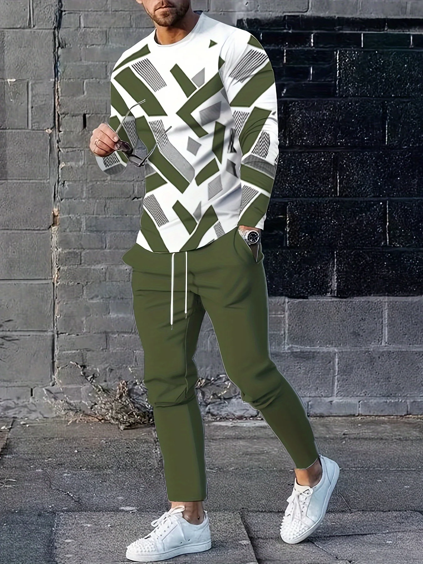 

Весенне-осенние мужские брючные костюмы с длинными рукавами, мужские костюмы с зеленым полосатым принтом, повседневные модные мужские футболки с длинными рукавами