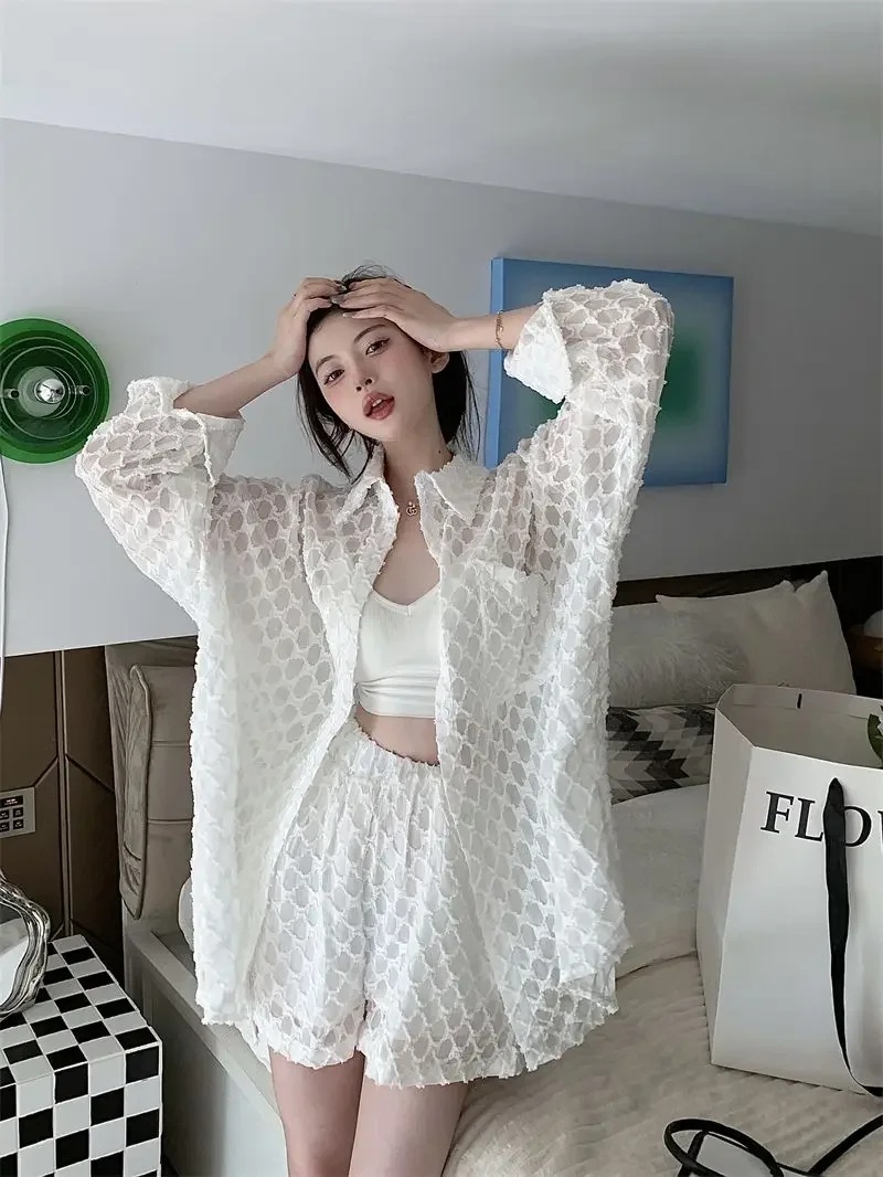 

Woman Shorts Sun Protection Shirts & Blouses Transparent White Novelties Stylish Two-piece Luxury Short Sets for Women 2 Pieces