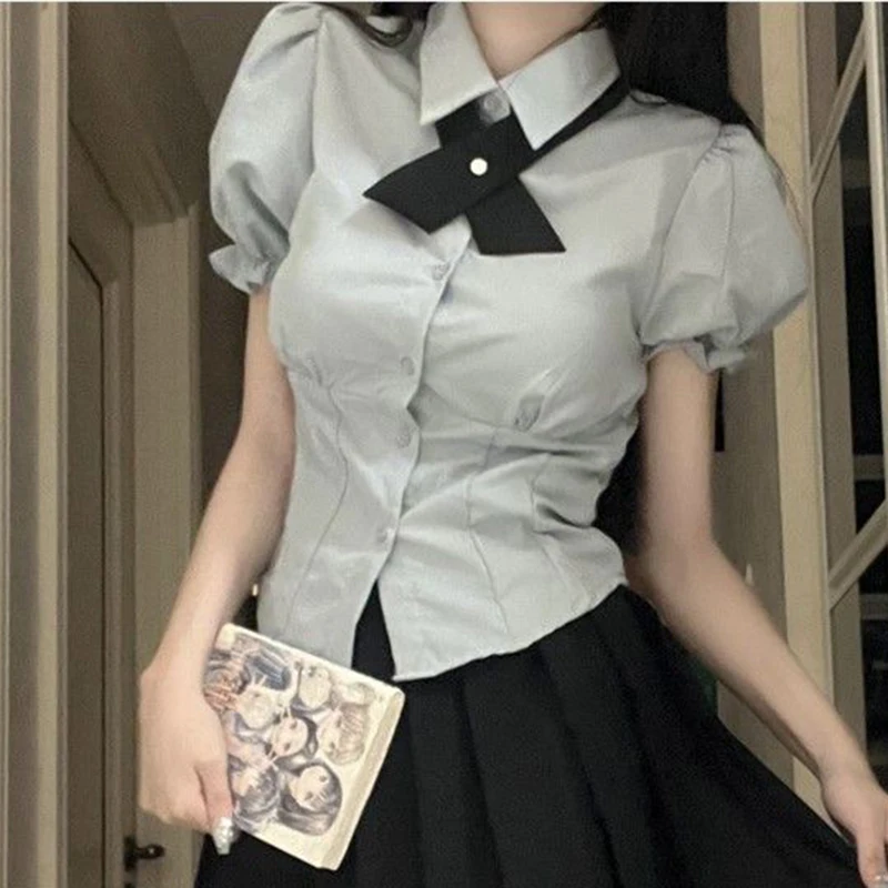 Y2K Women Solid Shirt Korean Sweet Summer Slim Bow Tie Button Female Blouse Fashion New Chic Puff Short Sleeve Ladies Tops