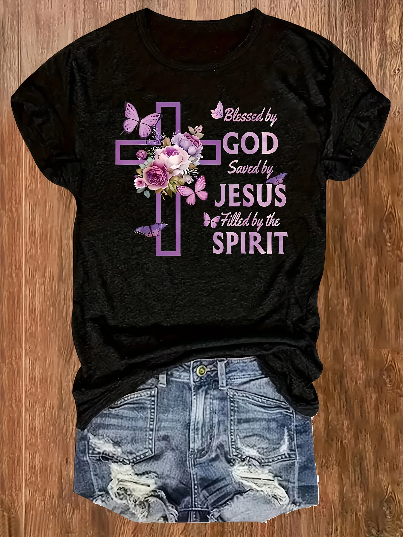 قميص مطبوع، توب All Season، قماش متوسط التمدد، "Blessed by God، Saved by Jesus، مملوء بالروح"