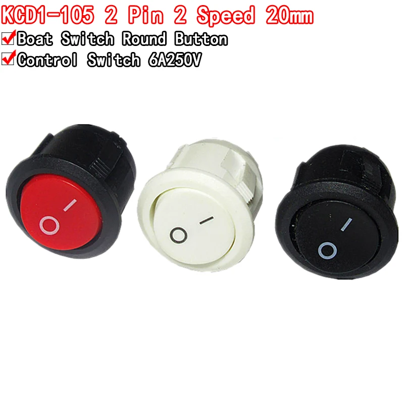 10Pcs Red Black White 20MM ON/OFF Round Rocker Toggle Switch 6A/250VAC 10A 125VAC Plastic Push Button Switch KCD1-105