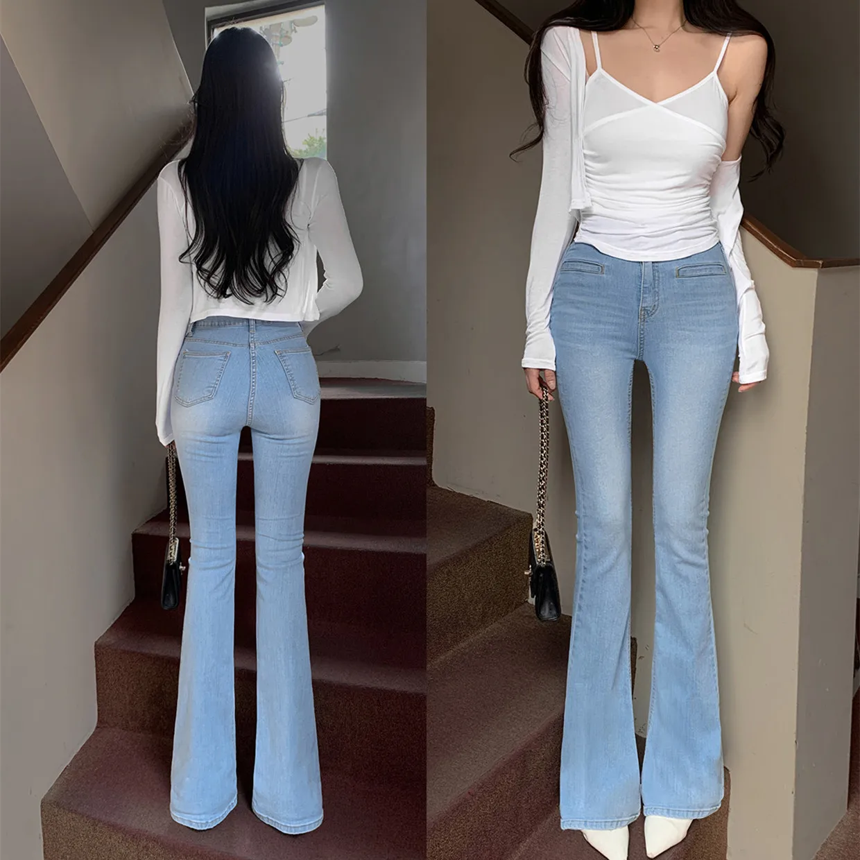 패셔너블한 하이웨이스트 슬림핏 플레어 진 라이트 컬러 시리즈 한국 스타일 면 스트레치 데님 봄 가을 여성용 청바지