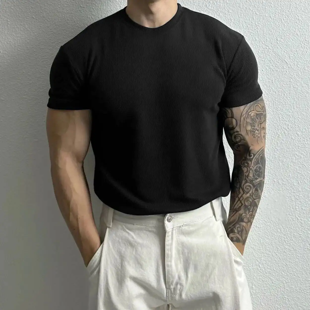 

Summer Men Short Sleeve Slim Fiess T-Shirts Streetwear Fashion Solid Versatile Casual Sports Training Sweat Black Knitted Tops